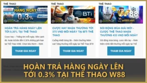 Hoàn trả hàng ngày lên tới 0.3% tại Thể Thao W88