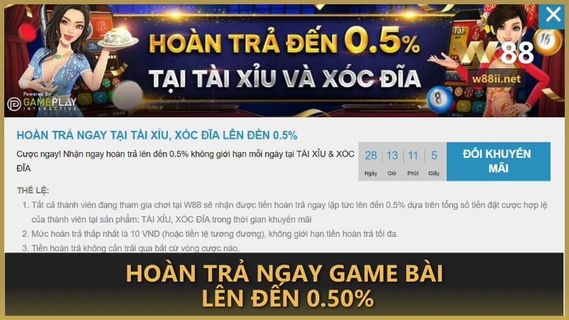 Hoàn trả ngay Game Bài lên đến 0.50%