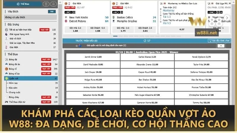 Khám phá các loại kèo quần vợt ảo W88: đa dạng, dễ chơi, cơ hội thắng cao