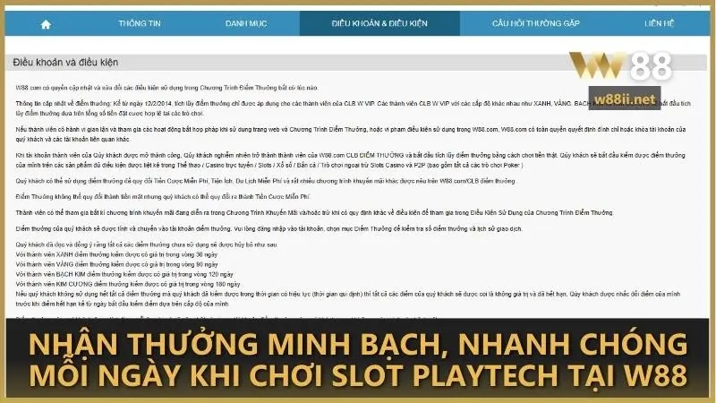 Nhận thưởng minh bạch, nhanh chóng mỗi ngày khi chơi Slot Playtech tại W88