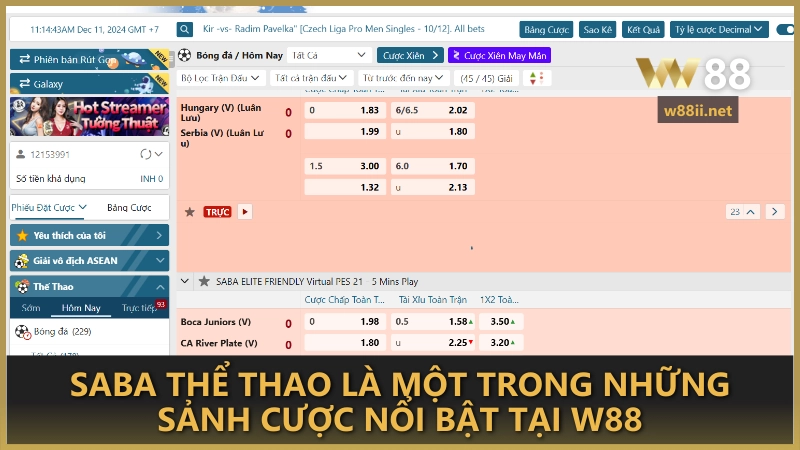 SABA thể thao là một trong những sảnh cược nổi bật tại W88