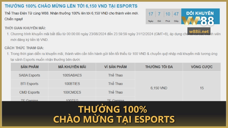 Thưởng 100% chào mừng tại Esports